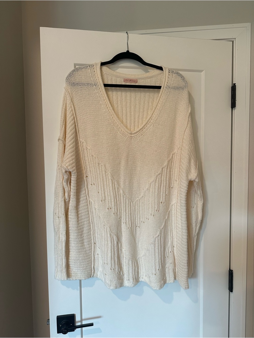 Ces Femme Cream V-Neck Fringe Knit Sweater